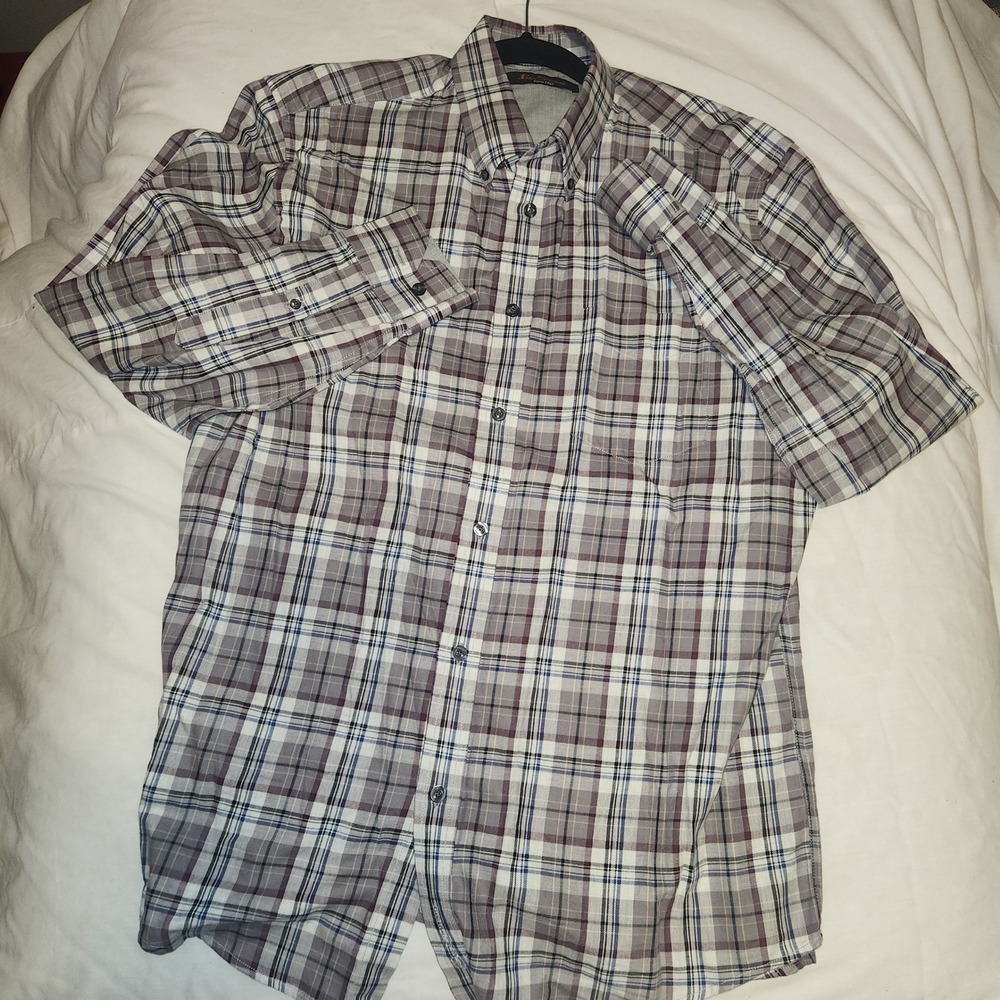 Ben Sherman Mens Large Plaid Button Down Shirt Grey Burgundy MA13257 Cotton